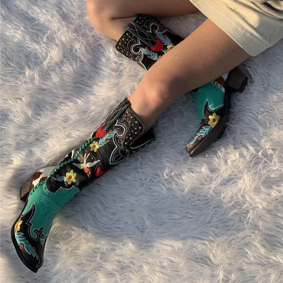 Western Cowboy Boots Women Colorful Embroidered Black Turquoise Red Yellow - Picture 3 of 7